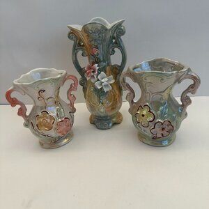 Vintage Three Glazed Floral Vases White Pink and Green